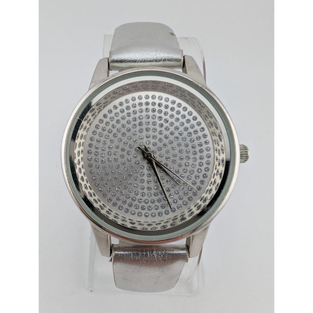 Women's Silver Watch 36mm Case Faux Leather Band Glitter Dial- New Battery